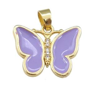 copper butterfly pendant with lavender enamel, gold plated, approx 16-20mm