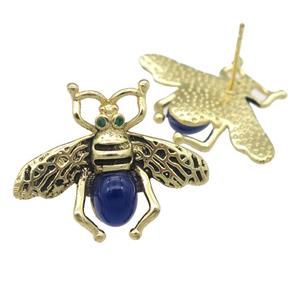 copper honeybee Stud Earring with blue cats eye stone, antique gold, approx 21-26mm