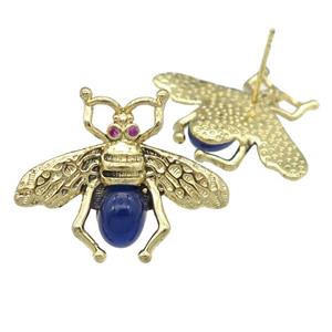 copper honeybee Stud Earring with blue cats eye stone, antique gold, approx 21-26mm