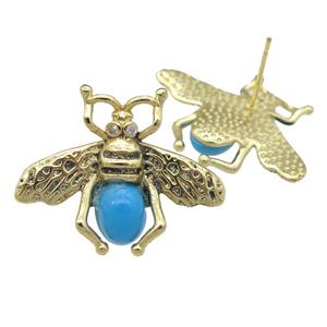 copper honeybee Stud Earring with turqblue cats eye stone, antique gold, approx 21-26mm