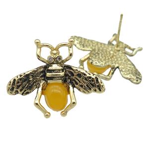 copper honeybee Stud Earring with yellow cats eye stone, antique gold, approx 21-26mm