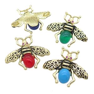 copper honeybee Connector with cats eye stone, antique gold, mixed, approx 26-32mm