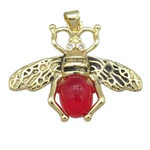 copper honeybee Pendant with red cats eye stone, antique gold, approx 26-32mm