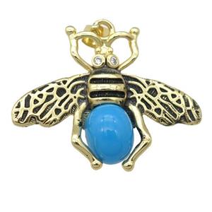 copper honeybee Pendant with turqblue cats eye stone, antique gold, approx 26-32mm