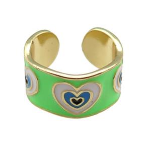 copper Ring with green enamel, heart, gold plated, approx 10mm, 18mm dia