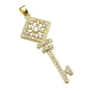 copper Key pendant paved zircon, gold plated, approx 15-36mm