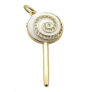 copper Lollipop pendant paved zircon with white enamel, gold plated, approx 13-30mm