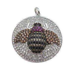 copper Honeybee pendant paved zircon, platinum plated, approx 26mm dia