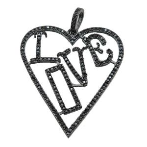 copper Heart pendant paved zircon, LOVE, black plated, approx 30-40mm