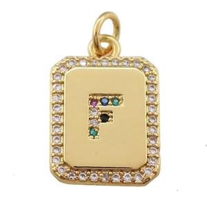 copper Letter-F pendant paved zircon, rectangle, gold plated, approx 12-15mm