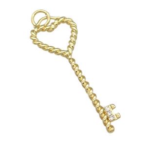 copper Key charm pendant paved zircon, gold plated, approx 12-35mm