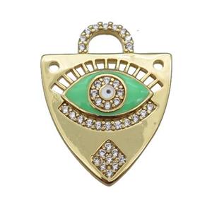 copper shield pendant paved zircon with green enamel Eye, gold plated, approx 17-22mm