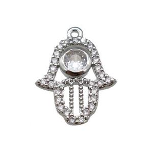 copper hamsahand pendant paved zircon, platinum plated, approx 12-14mm