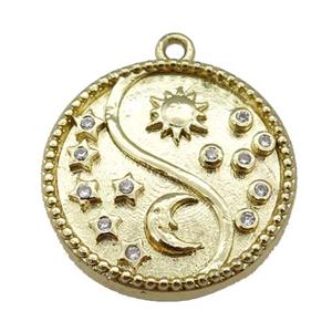 Copper Taichi Pendant Pave Zirconia Yinyang Sun Moon Gold Plated, approx 19mm dia