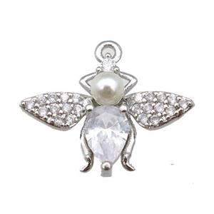 copper honeybee pendant paved zircon, platinum plated, approx 18-20mm