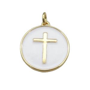 copper Circle pendant with white enamel, cross, gold plated, approx 18mm