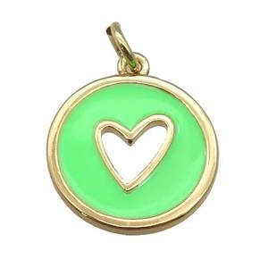 copper Circle pendant with green enamel, heart, gold plated, approx 16mm