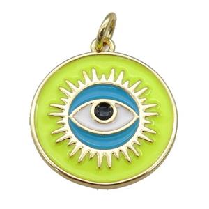 copper Circle pendant with yellow enamel, evil eye, gold plated, approx 18mm