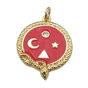 Copper Snake Penant Red Enamel Moon Star Gold Plated, approx 19-22mm