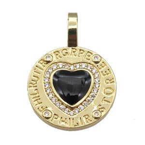 copper circle pendant paved zircon with black enamel heart, gold plated, approx 19-28mm