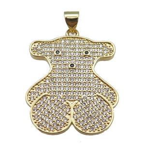 copper Bear pendant paved zircon, gold plated, approx 23-28mm