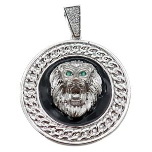 Copper Lion Pendant Black Enamel Circle Platinum Plated, approx 43mm