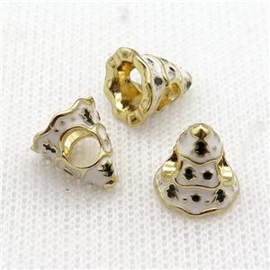 copper Christmas Tree beads with white enamel, large hole, gold plated, approx 11mm, 4mm hole