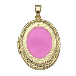 copper Oval Locket pendant with pink enamel, gold plated, approx 23-30mm