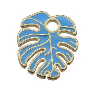 copper Leaf pendant with blue enamel, gold plated, approx 16-19mm