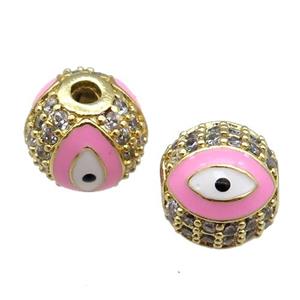 round copper Beads paved zircon with pink enamel Evil Eye, gold plated, approx 10mm dia