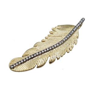 copper Feather pendant paved zircon, gold plated, approx 14-40mm