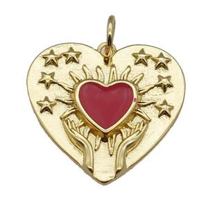 copper Heart pendant, red enamel, gold plated, approx 22mm