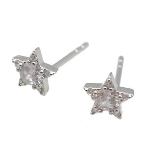 copper Stud Earring paved zircon, star, platinum plated, approx 6mm