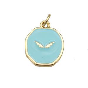 copper circle pendant with teal enamel, wing, gold plated, approx 14-15mm