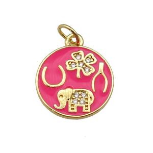 copper circle pendant paved zircon with hotpink enamel, elephant, clover, gold plated, approx 14.5mm dia