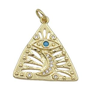 copper Triangle eye pendant paved zircon, moon, gold plated, approx 21mm