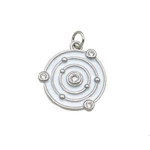 Copper Planet Pendant Pave Zirconia White Enamel Platinum Plated, approx 14mm dia