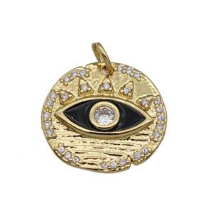 copper coin pendant paved zircon, black enamel eye, gold plated, approx 16-17mm