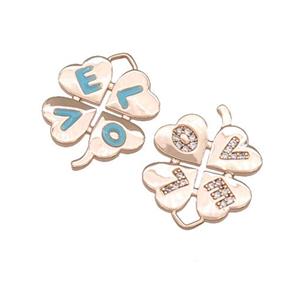 copper Clover pendant paved zircon, enamel, LOVE, rose gold, approx 15mm