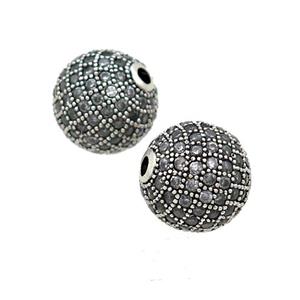 round copper Beads pave gray zircon, platinum plated, approx 12mm dia