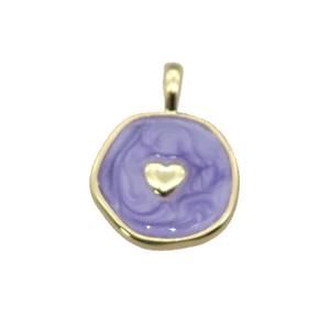 copper coin pendant with lavender enamel, heart, gold plated, approx 14mm