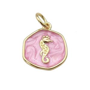 copper coin pendant with pink enamel, seahorse, gold plated, approx 14mm