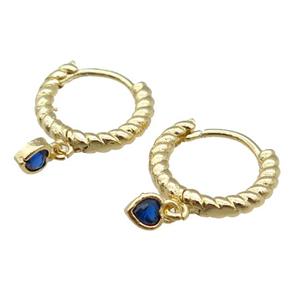 copper Hoop Earring with heart paved blue zircon, gold plated, approx 4mm, 13.5mm dia