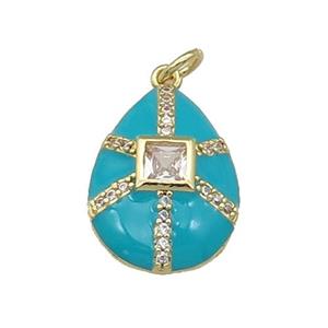 copper teardrop pendant paved zircon, teal enamel, gold plated, approx 14-19mm