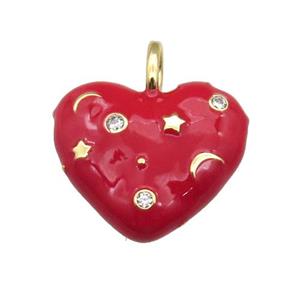 copper Heart pendant with red enamel, moon star, gold plated, approx 21mm