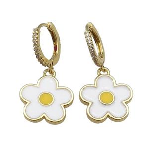 copper Hoop Earring paved zircon, white enamel daisy flower, gold plated, approx 15.5mm, 14mm dia