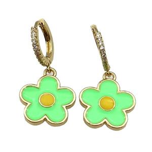 copper Hoop Earring paved zircon, green enamel daisy flower, gold plated, approx 15.5mm, 14mm dia