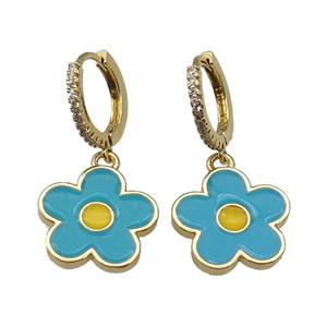 copper Hoop Earring paved zircon, teal enamel daisy flower, gold plated, approx 15.5mm, 14mm dia