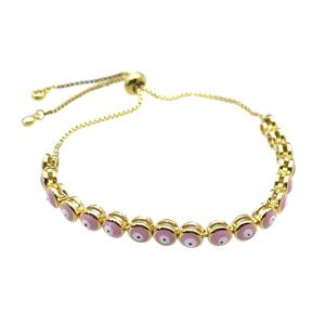 copper Bracelet with pink enamel Evil Eye, adjustable, gold plated, approx 6mm, 26cm length