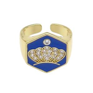 copper Crown Rings paved zircon with blue enamel, gold plated, approx 18mm, 18mm dia